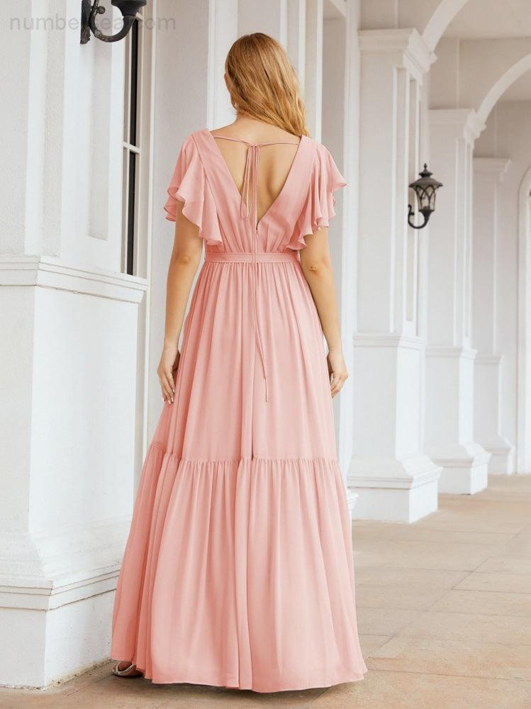Abiti da sera formali da donna Numbersea con schiena scoperta, scollo a V, lunghi in chiffon, abiti da damigella con cintura in vita 28038