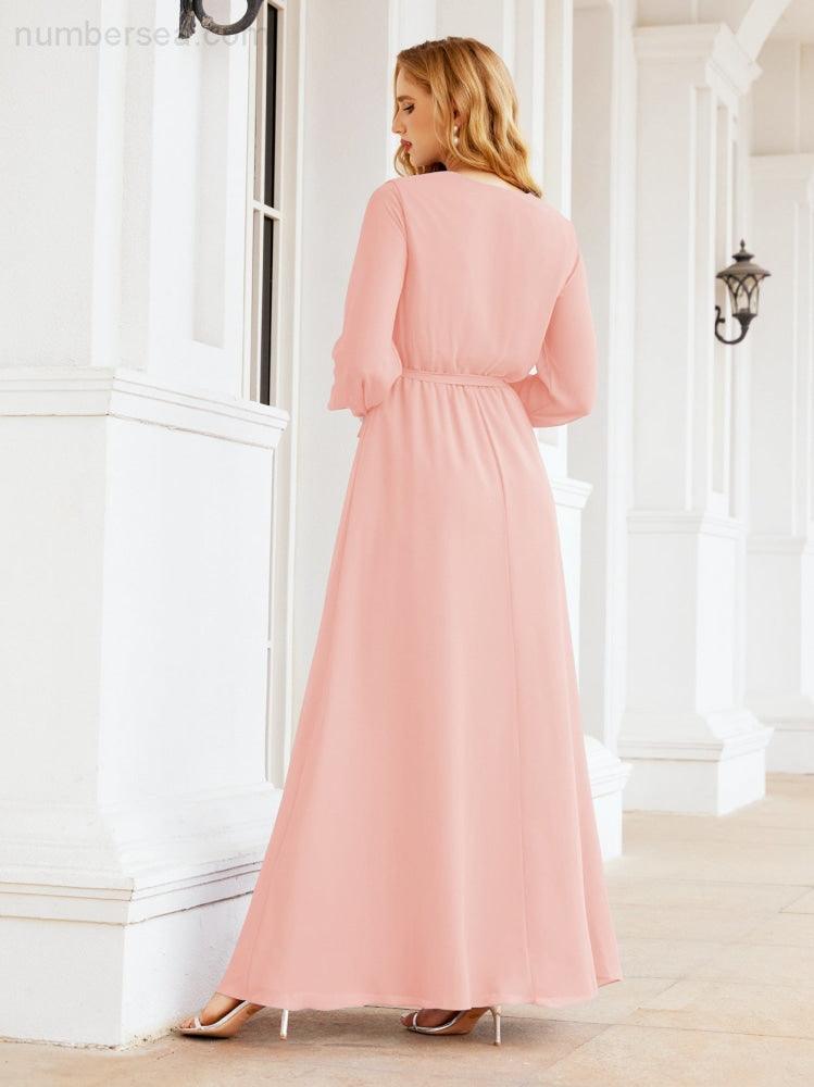 Vestito da damigella d'onore in chiffon da donna Numbersea, linea a trapezio, maniche lunghe, abito lungo formale da sera per ospite di matrimonio 28032