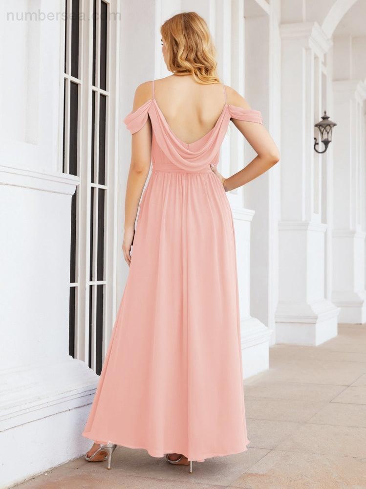 Numbersea Abito da Damigella in Chiffon con Spalle Scoperte, Abito Lungo Formale per Laurea con Schiena a Mantella 28069