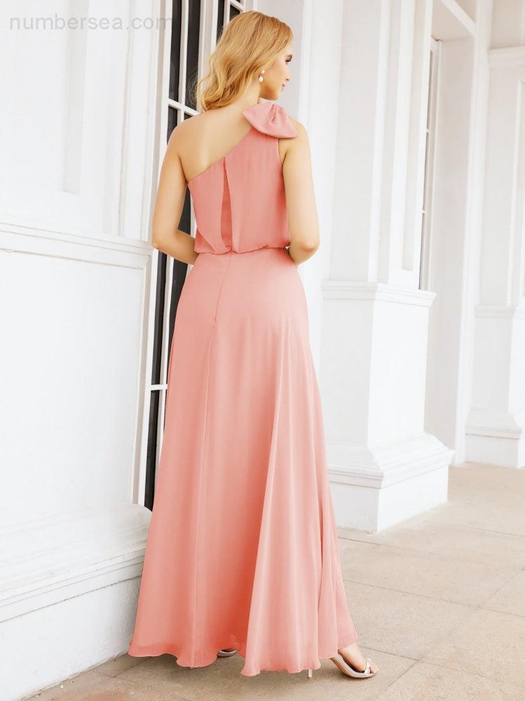 Chiffon Ruffled One Shoulder Sleeveless Long Bride Dresses A-line Formal Evening Gown Side Split 28057