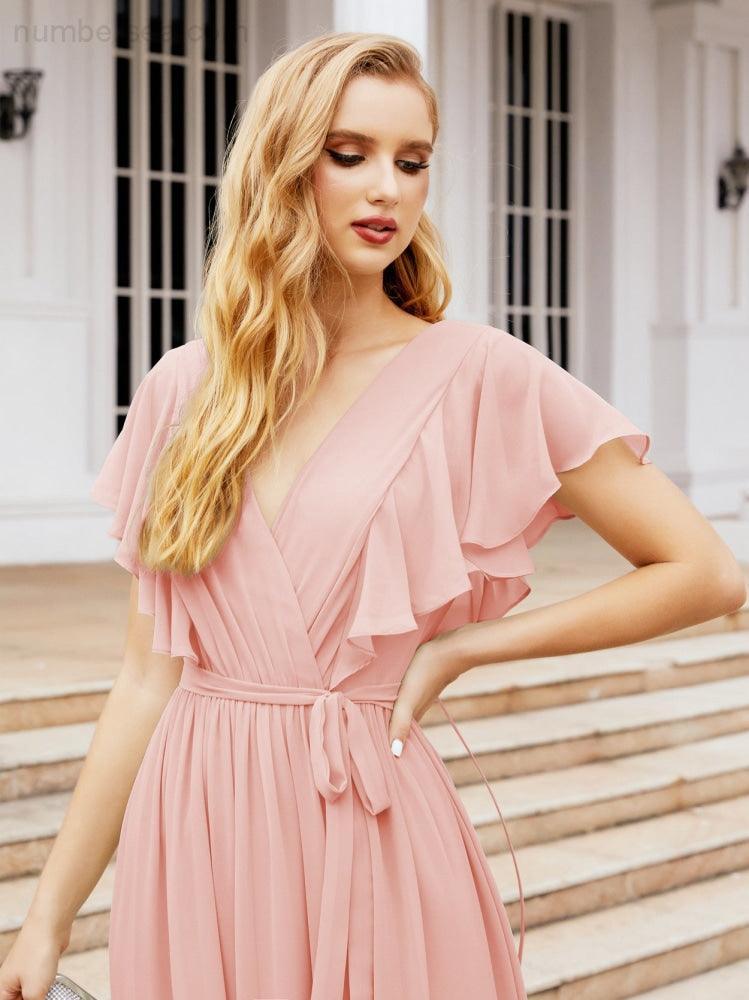 Abiti da sera formali da donna Numbersea con schiena scoperta, scollo a V, lunghi in chiffon, abiti da damigella con cintura in vita 28038