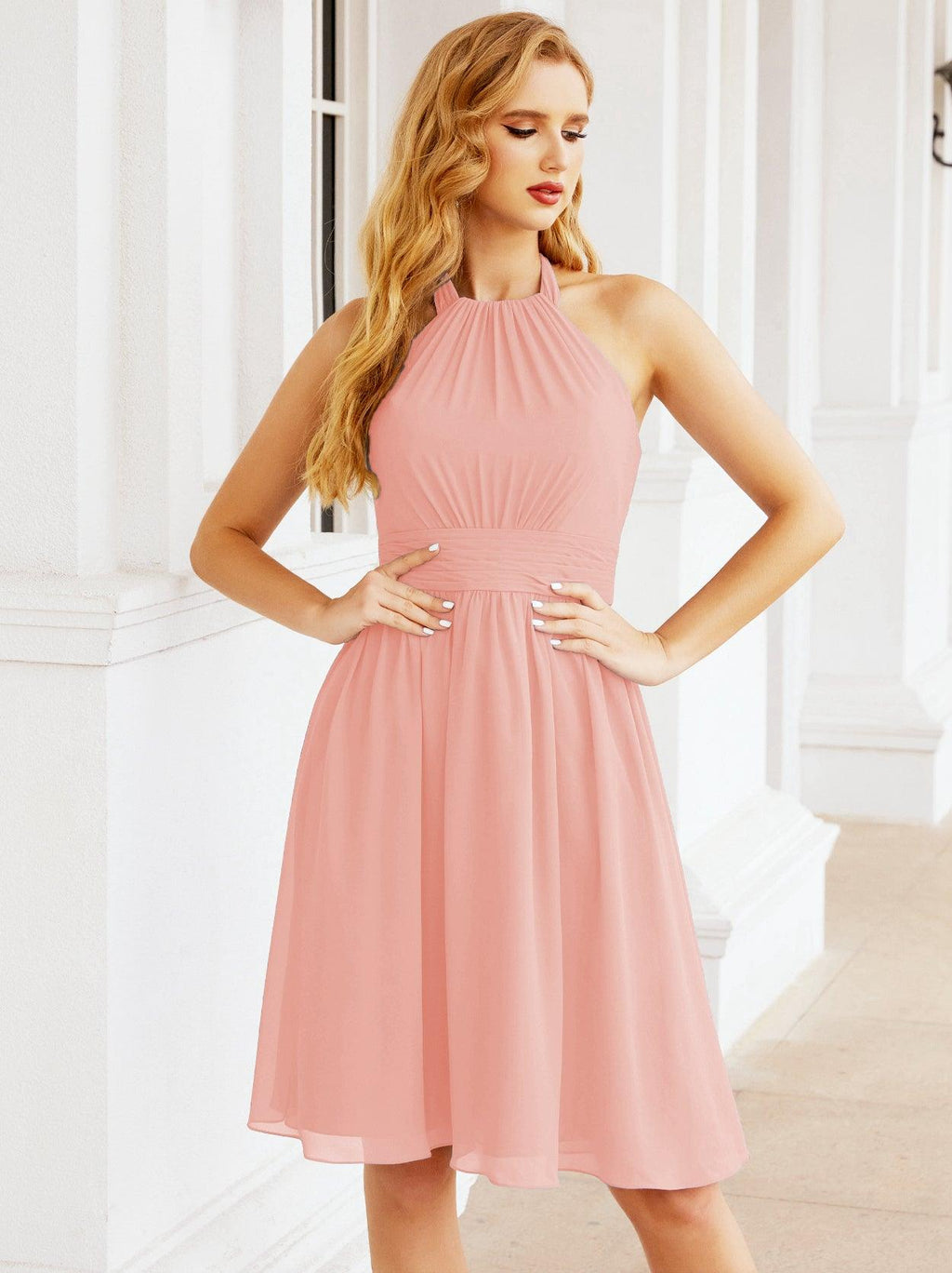 Halter Chiffon Bridesmaid Dresses Short Sleeveless Formal Party Dress Open Back 28023