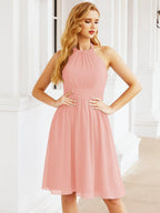Halter Chiffon Bridesmaid Dresses Short Sleeveless Formal Party Dress Open Back 28023