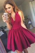 Burgundy A-line Deep V Neck Homecoming Dress, Sleeveless Short Prom Dress
