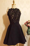 Black Strapless Halter Homecoming Dress With Appliques, Short Prom Dress