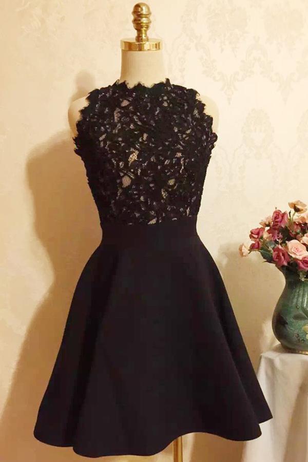 Black Strapless Halter Homecoming Dress With Appliques, Short Prom Dress