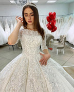 Elegant Satin Floor Length Wedding Dress With Bateau Neckline And Lace Appliques