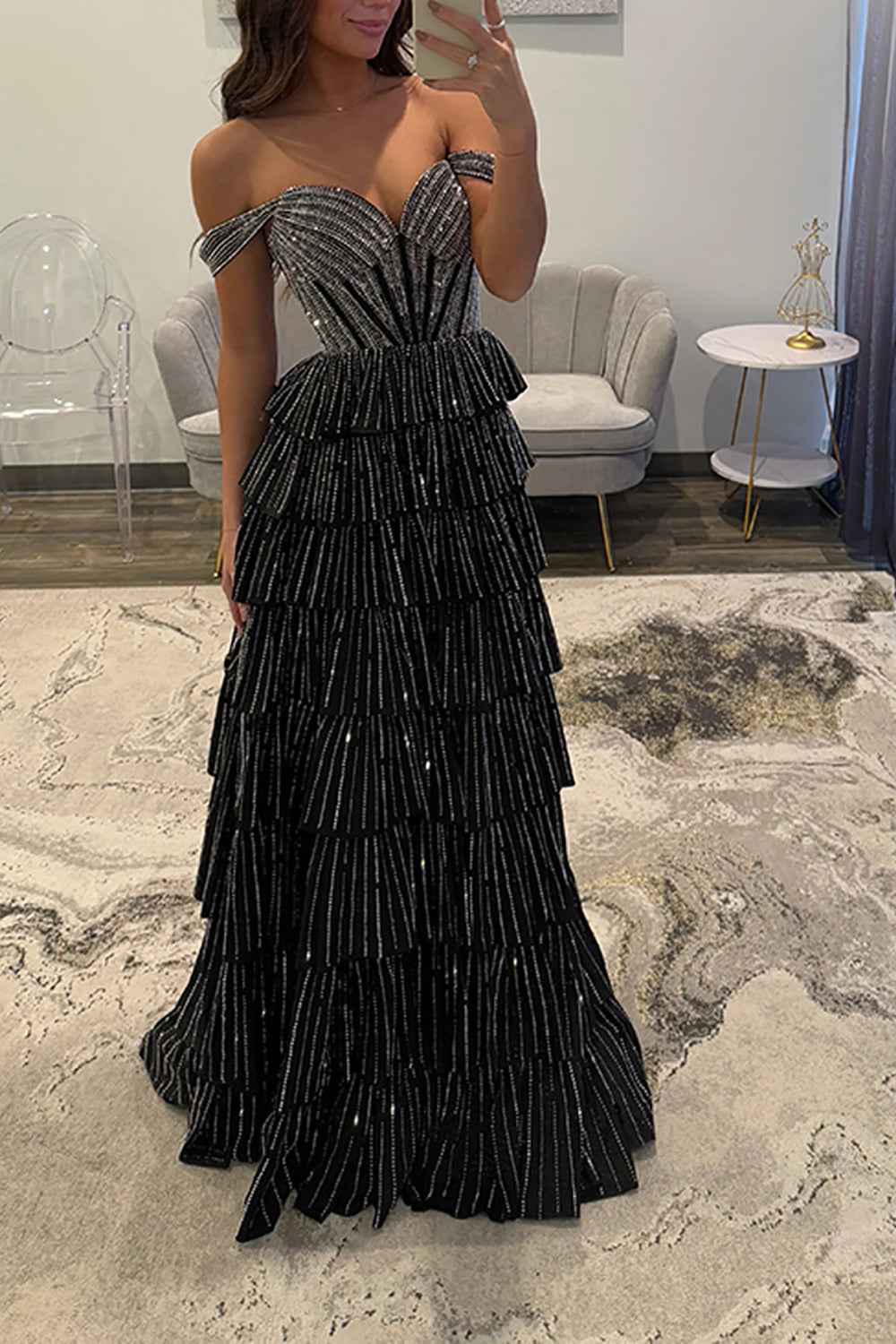 Sparkly Gold Off the Shoulder A-Line Tiered Long Corset Prom Dress with Beading