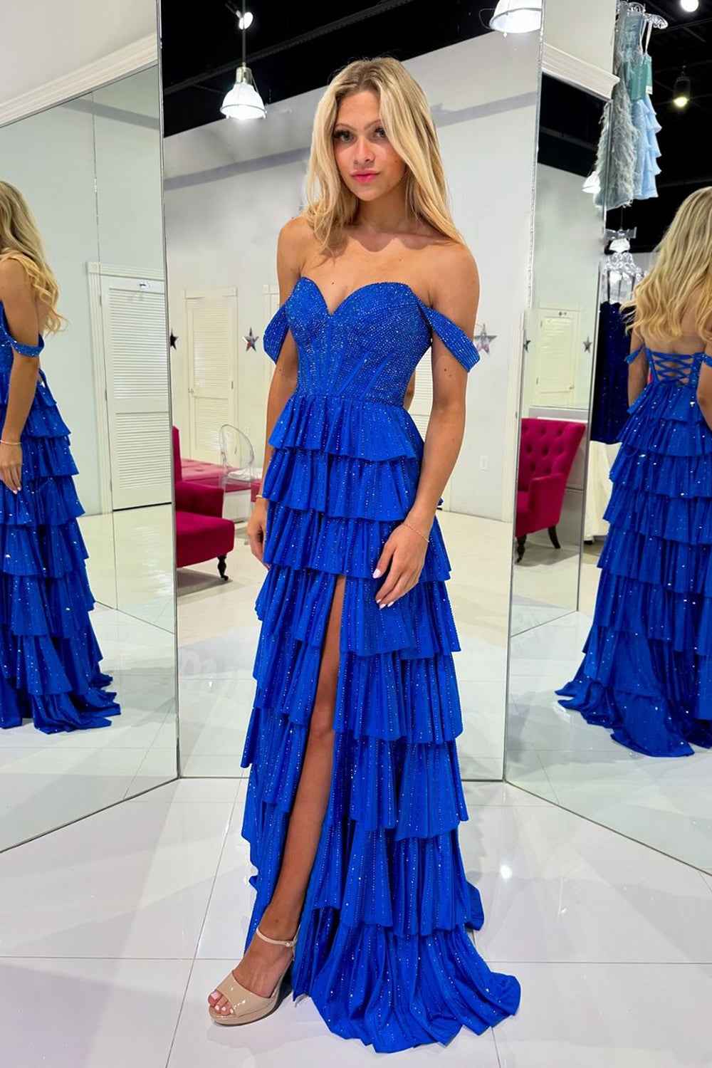 Sparkly Gold Off the Shoulder A-Line Tiered Long Corset Prom Dress with Beading