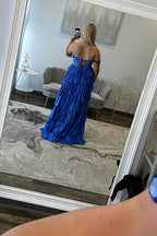 Sparkly Gold Off the Shoulder A-Line Tiered Long Corset Prom Dress with Beading