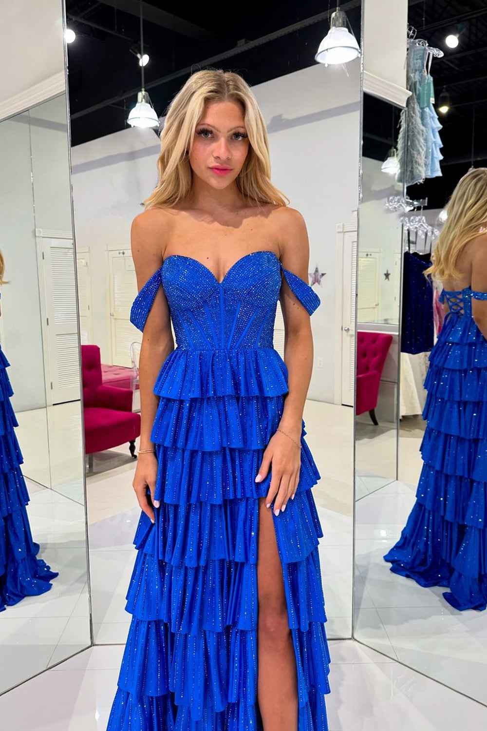 Sparkly Gold Off the Shoulder A-Line Tiered Long Corset Prom Dress with Beading