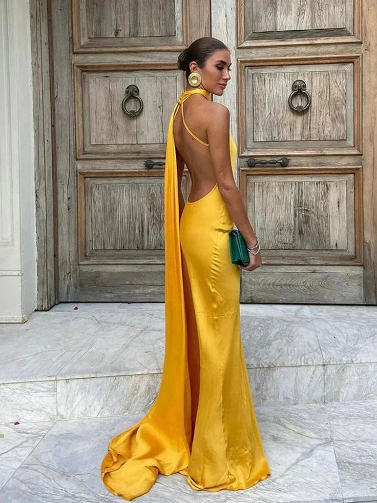 فستان سهرة طويل أصفر ساتان بدون ظهر وكتف مكشوف Y8466