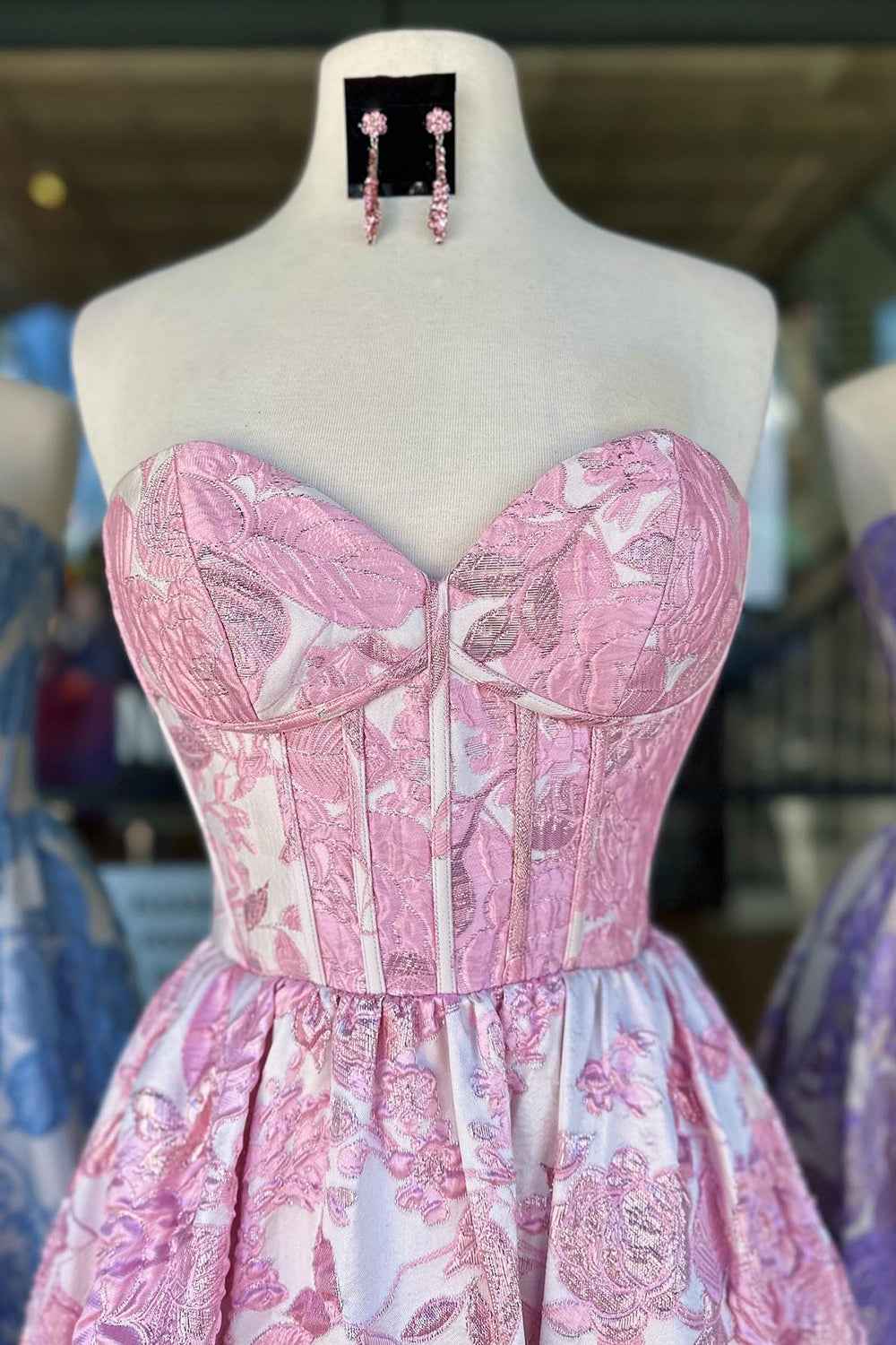 Chic Blue Floral Sweetheart A-Line Long Corset Prom Dress