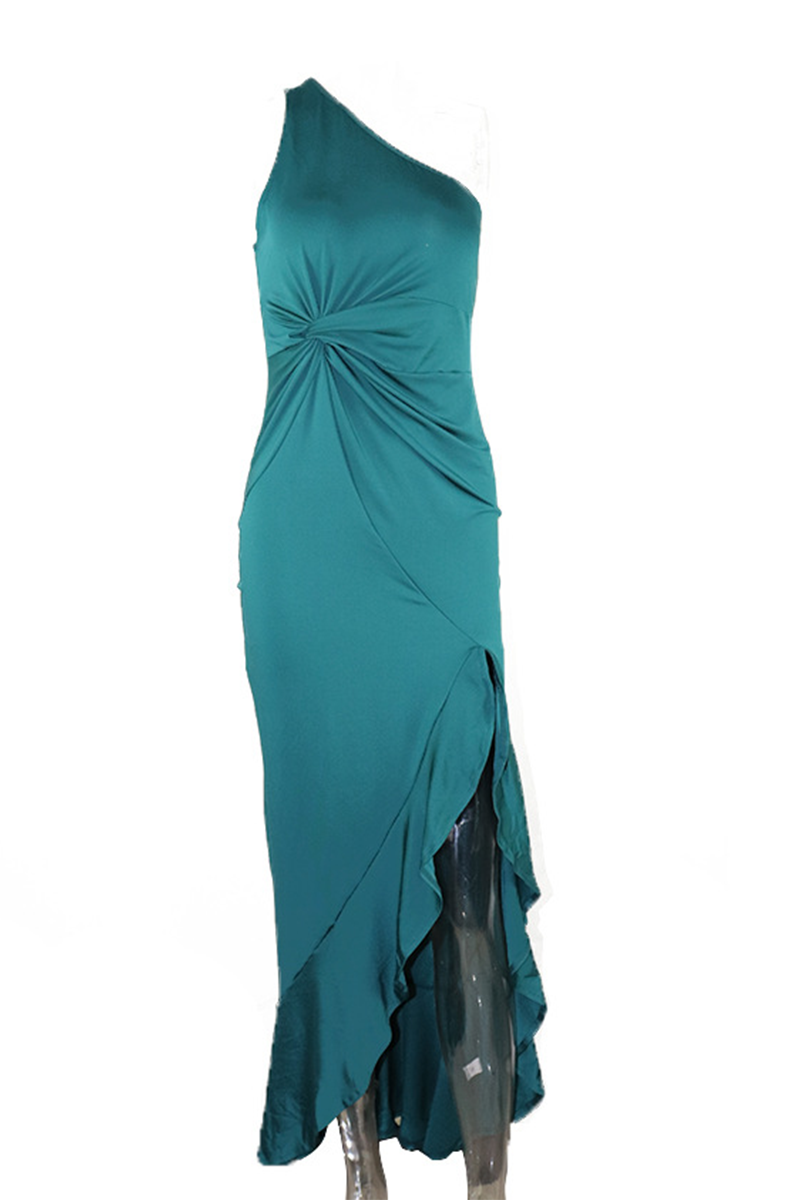 Robe de soirée élégante à une épaule avec fente et volants solides (8 couleurs)