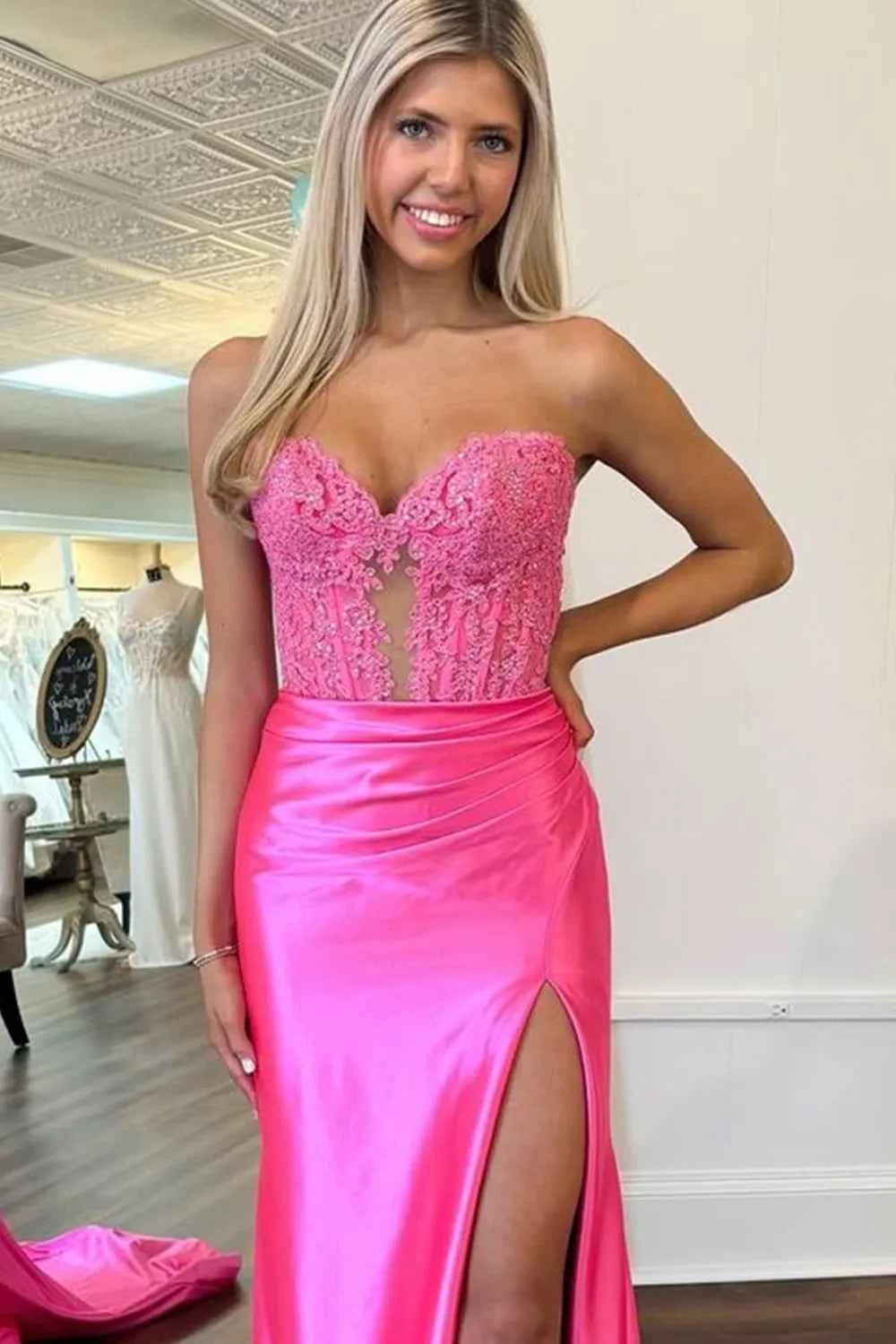 Navy Mermaid Sweetheart Long Corset Prom Dress with Slit