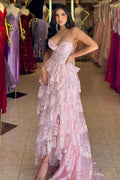 Garnet|Light Blue Strapless Ruffle Tiered Long Prom Dress with Slit