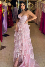 Garnet|Light Blue Strapless Ruffle Tiered Long Prom Dress with Slit