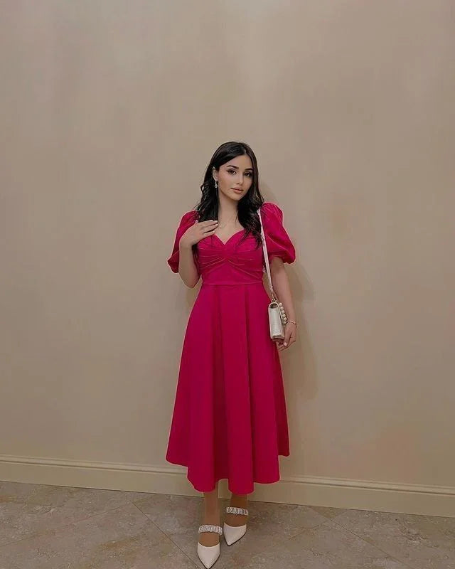 Vestido de noche sencillo en línea A con mangas cortas, vestido de fiesta estilo retro Y5505