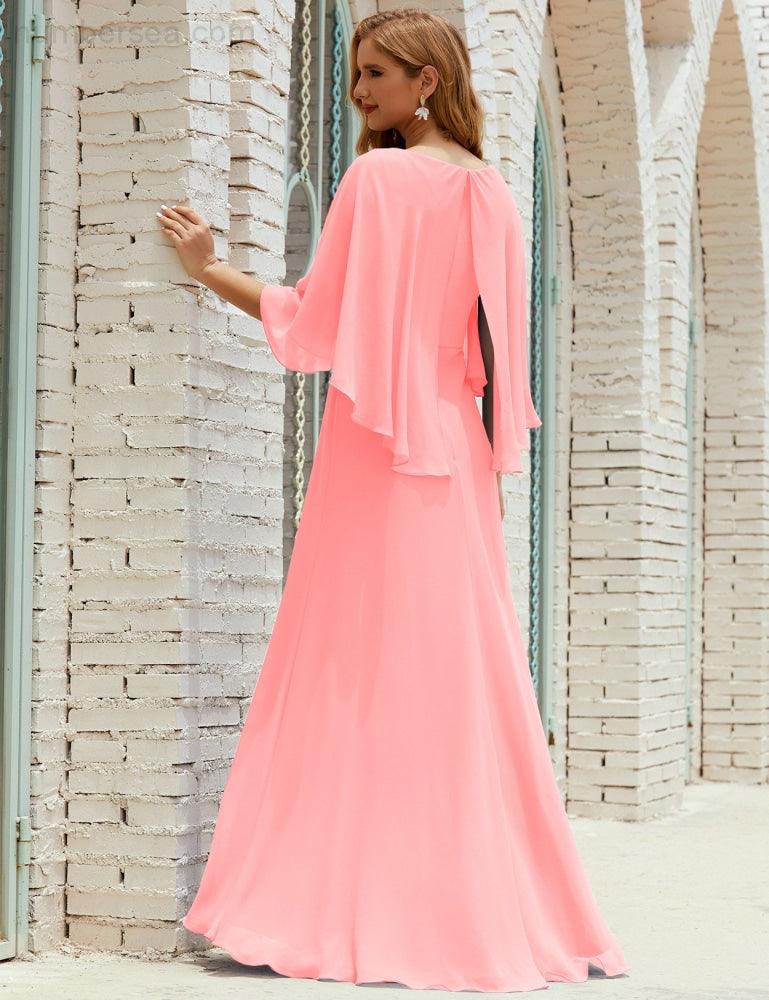 Bridesmaid Dress Women Long Sleeve V-Neck Chiffon Formal Wedding Party Dress 28018