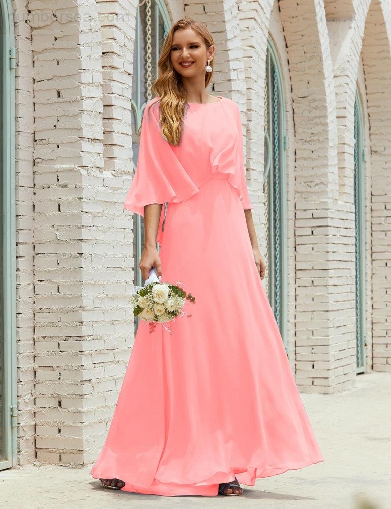 Bridesmaid Dress Women Long Sleeve V-Neck Chiffon Formal Wedding Party Dress 28018