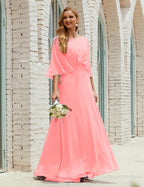 Bridesmaid Dress Women Long Sleeve V-Neck Chiffon Formal Wedding Party Dress 28018