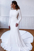 Stylish Illusion Lace Back Sheath Long Sleeves Wedding Dress With Appliques