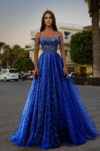 Tulle Spaghetti Strap Sleeveless A Line Prom Dress With Sequins Beads