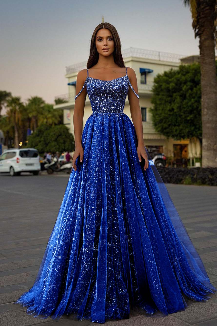 Tulle Spaghetti Strap Sleeveless A Line Prom Dress With Sequins Beads