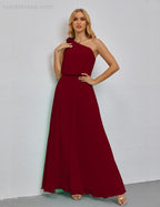 Ruffled One Shoulder Sleeveless Long Bridesmaid Dresses A-line Formal Evening Gown Side Split 28080