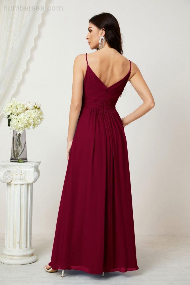 Chiffon V-Neck Bridesmaid Dress Spaghetti Strap Long Formal Party Prom Gowns with Slit 28010