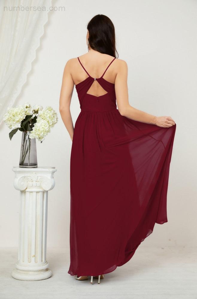 Neck Bridesmaid Dresses Chiffon Long Spaghetti A-line Formal Prom Gown for Wedding Party Evening 2801