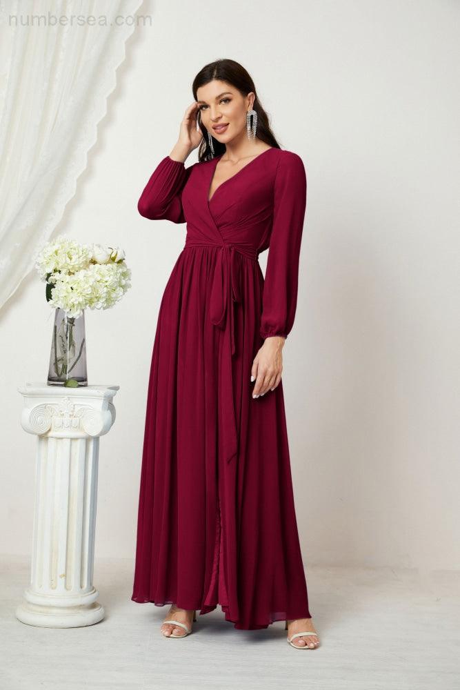 Evening Dresses Deep V-Neck Chiffon Bridesmaid Dresses Long Bishop Sleeve Side Split Formal Dress 2806