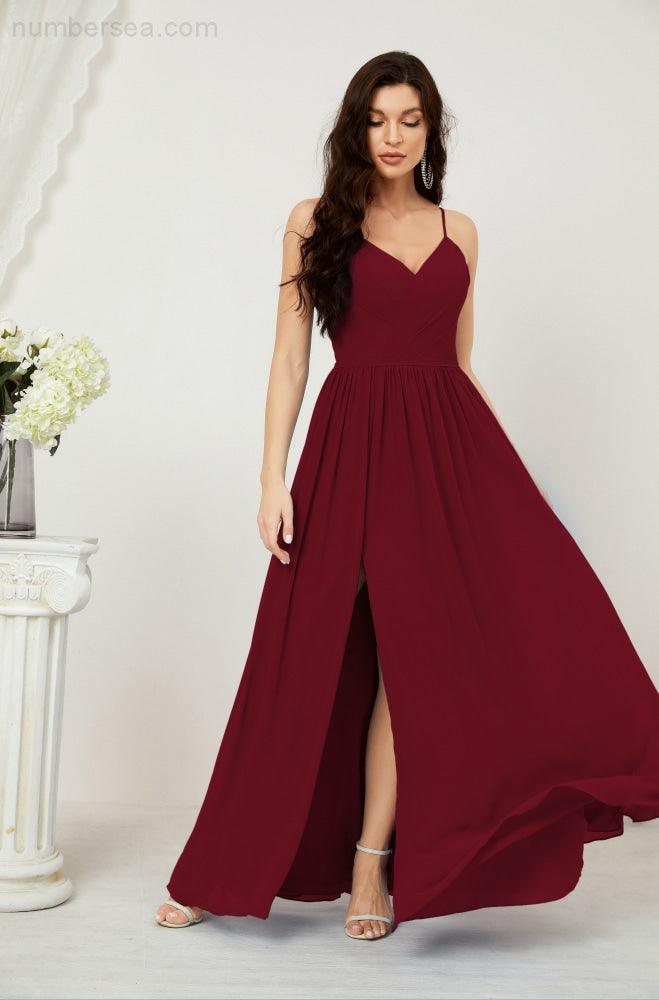 Neck Bridesmaid Dresses Chiffon Long Spaghetti A-line Formal Prom Gown for Wedding Party Evening 2801