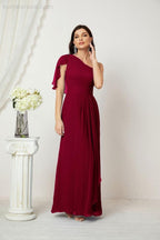 Chiffon Ruffled One Shoulder Long Bridesmaid Dresses A-line Formal Evening Gown Side Split 2809