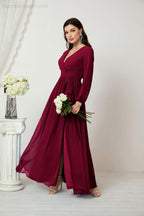Evening Dresses Deep V-Neck Chiffon Bridesmaid Dresses Long Bishop Sleeve Side Split Formal Dress 2806