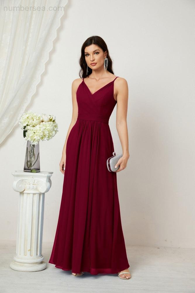 Chiffon V-Neck Bridesmaid Dress Spaghetti Strap Long Formal Party Prom Gowns with Slit 28010