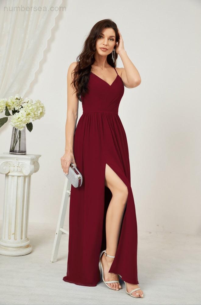 Neck Bridesmaid Dresses Chiffon Long Spaghetti A-line Formal Prom Gown for Wedding Party Evening 2801