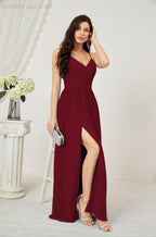 Neck Bridesmaid Dresses Chiffon Long Spaghetti A-line Formal Prom Gown for Wedding Party Evening 2801