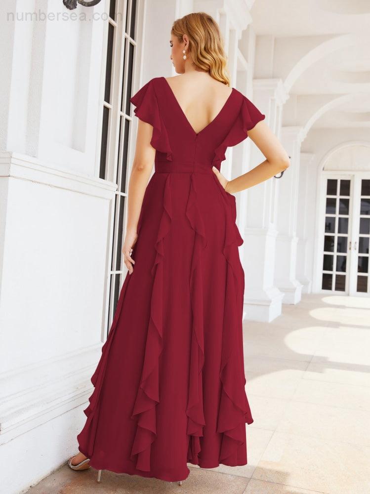 Ruffled Bridesmaid Dresses with Sleeves Long Formal Party Dress 28041