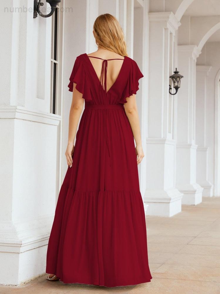 Abiti da sera formali da donna Numbersea con schiena scoperta, scollo a V, lunghi in chiffon, abiti da damigella con cintura in vita 28038