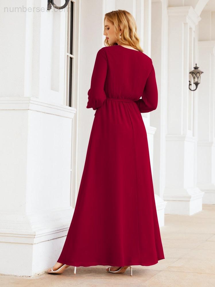 Vestito da damigella d'onore in chiffon da donna Numbersea, linea a trapezio, maniche lunghe, abito lungo formale da sera per ospite di matrimonio 28032