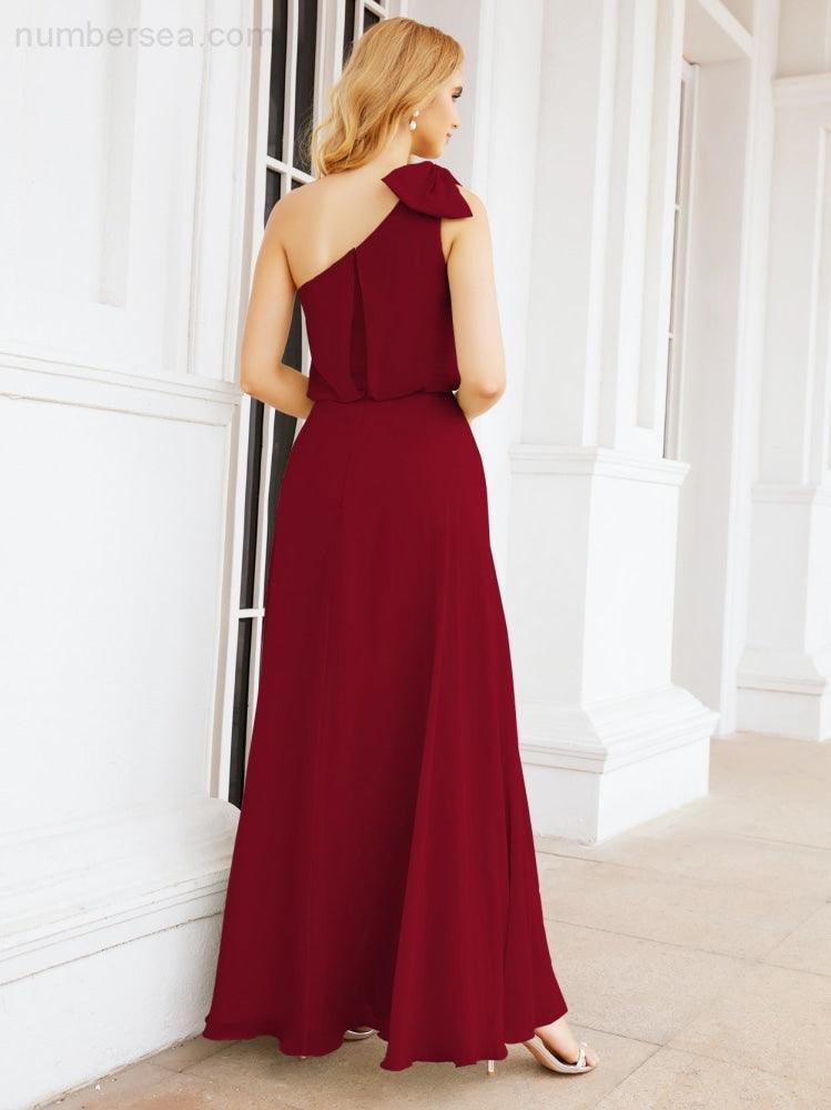 Chiffon Ruffled One Shoulder Sleeveless Long Bride Dresses A-line Formal Evening Gown Side Split 28057