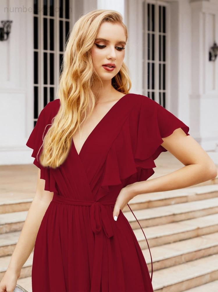 Abiti da sera formali da donna Numbersea con schiena scoperta, scollo a V, lunghi in chiffon, abiti da damigella con cintura in vita 28038