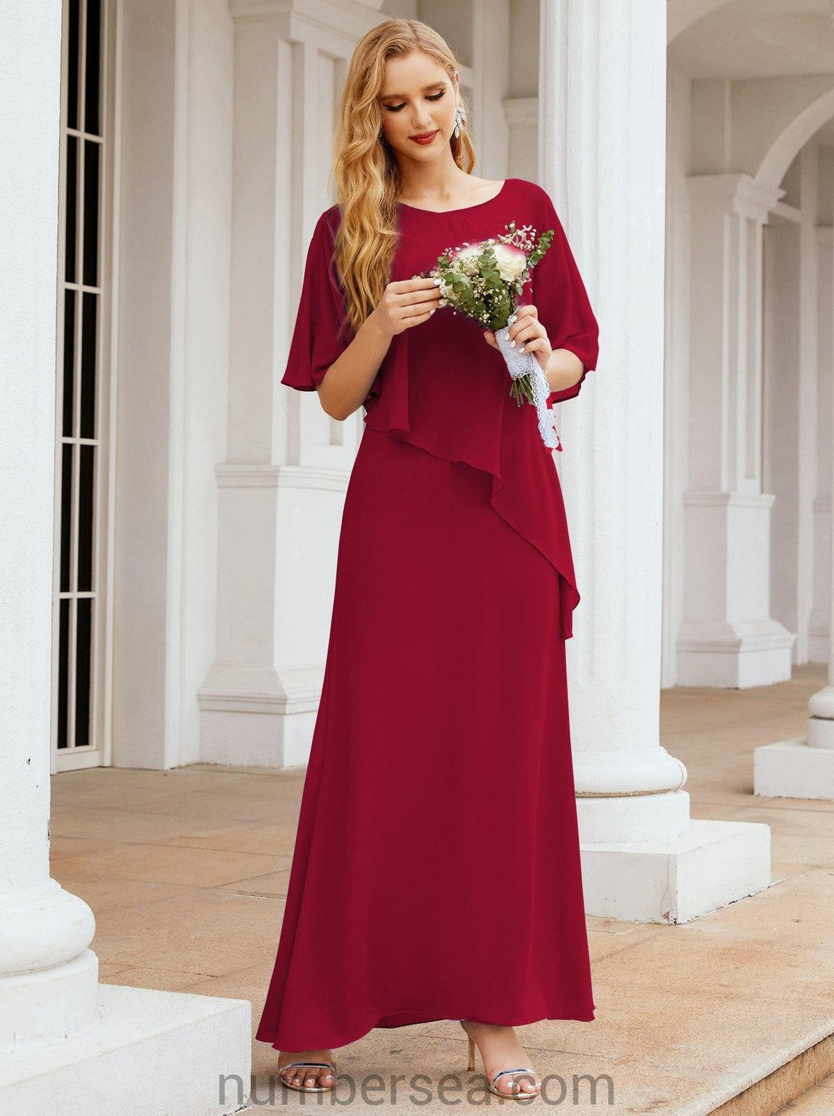 Numbersea Festliches Abendkleid Lang Mutter der Braut Kleid mit Rüschencape 28026