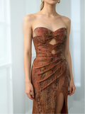 Rust Orange Snake Print Strapless Mermaid Evening Dress | Cutout Lace-Up Prom Gown