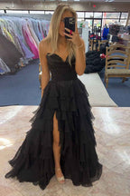 Yellow Princess Sweetheart Chiffon Long Corset Prom Dress With Tiered Ruffles