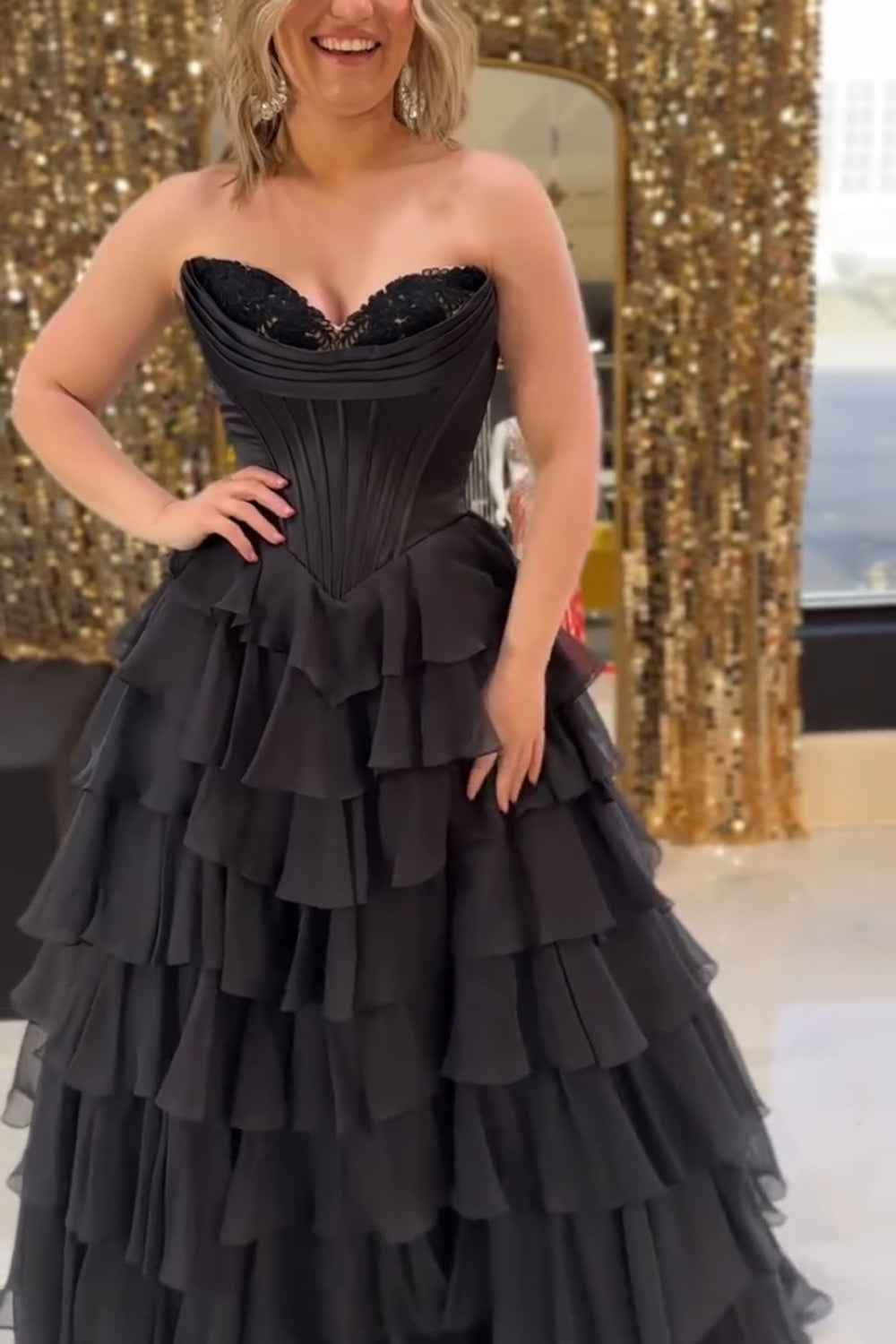 Yellow Princess Sweetheart Chiffon Long Corset Prom Dress With Tiered Ruffles