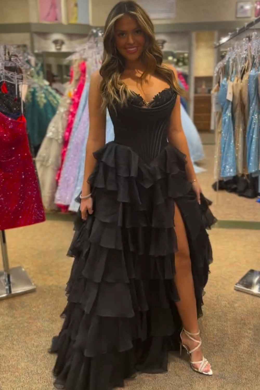 Yellow Princess Sweetheart Chiffon Long Corset Prom Dress With Tiered Ruffles