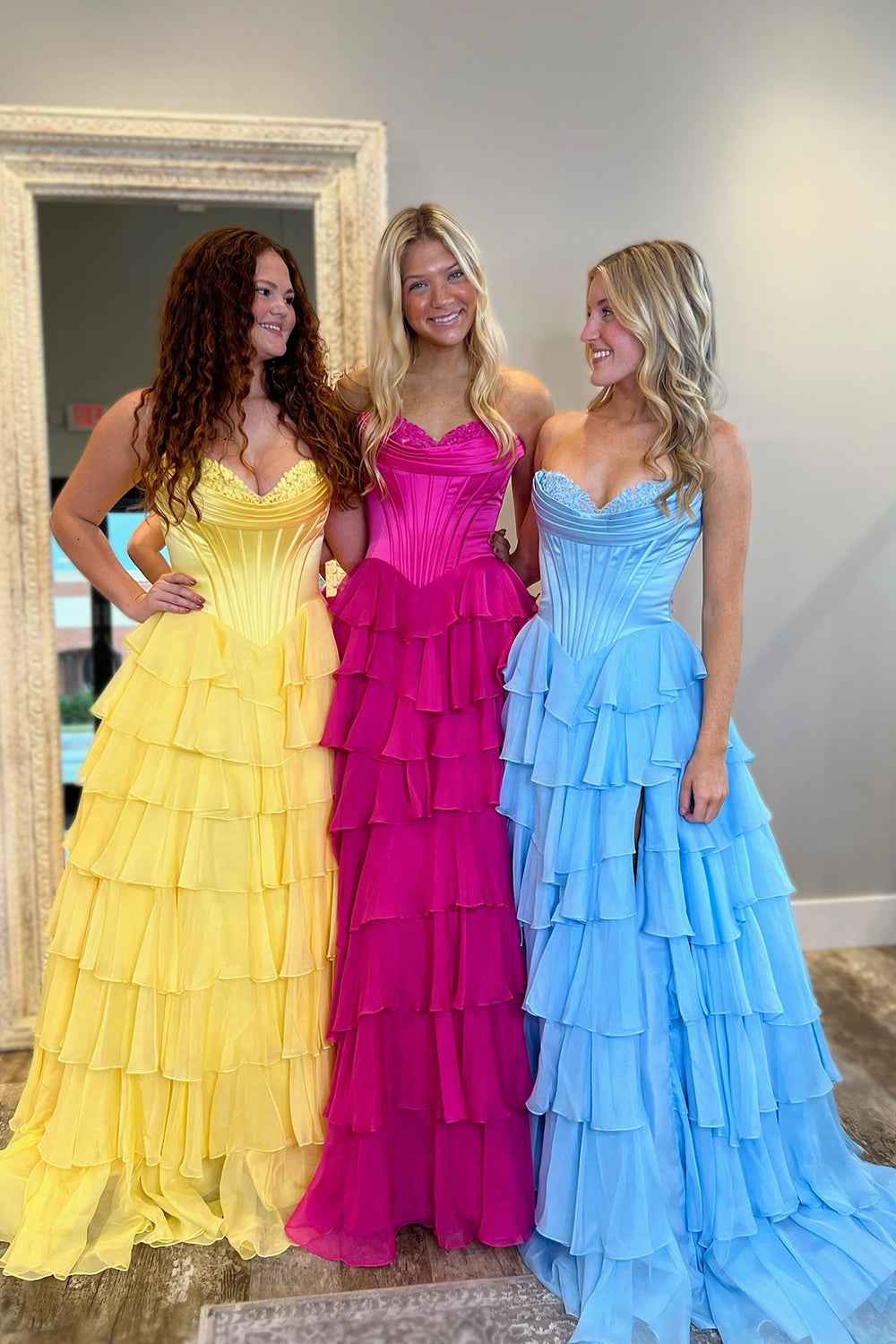 Yellow Princess Sweetheart Chiffon Long Corset Prom Dress With Tiered Ruffles