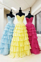 Yellow Princess Sweetheart Chiffon Long Corset Prom Dress With Tiered Ruffles